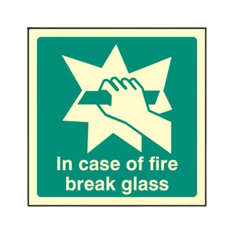 100mm X 100mm Photoluminescent In Case Of Fire Break Glass Sign