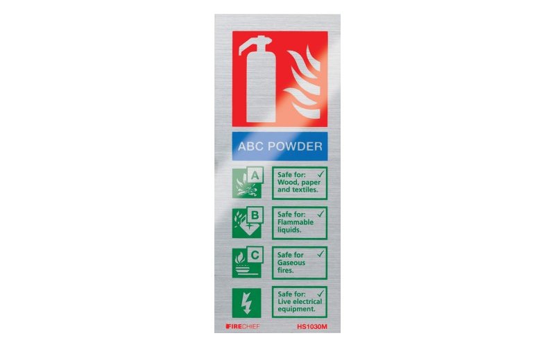 Portrait Brushed Aluminium 200 x 150mm ABC Powder Fire Extinguisher Sign FireChief