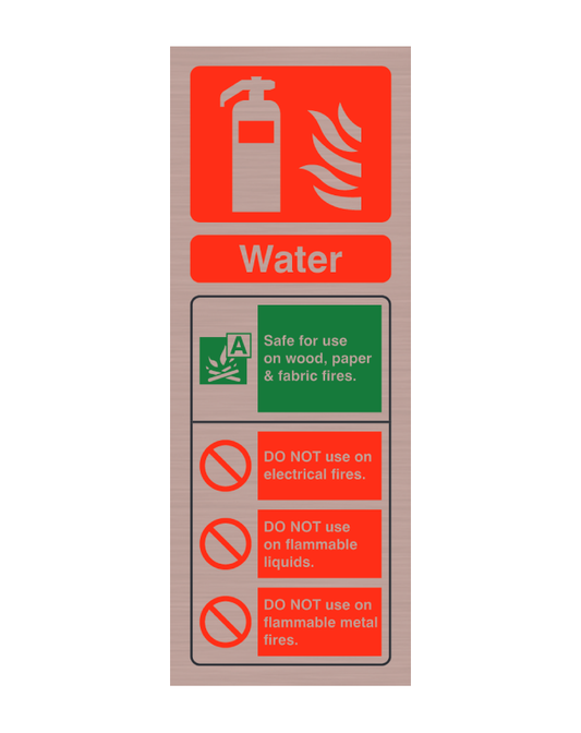 Brushed Antique Copper Portrait 200mm x 75mm Water Fire Extinguisher Sign