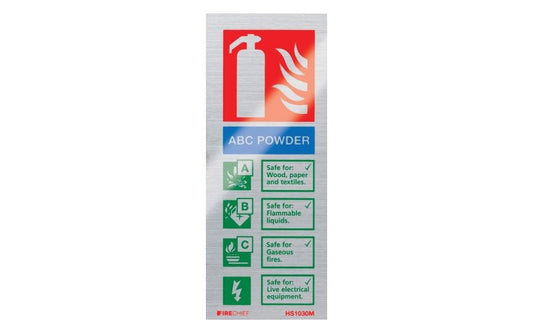 Portrait Brushed Aluminium 200 x 150mm ABC Powder Fire Extinguisher Sign FireChief