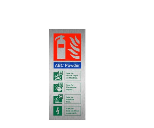 Portrait Brushed Aluminium 200 x 150mm ABC Powder Fire Extinguisher Sign