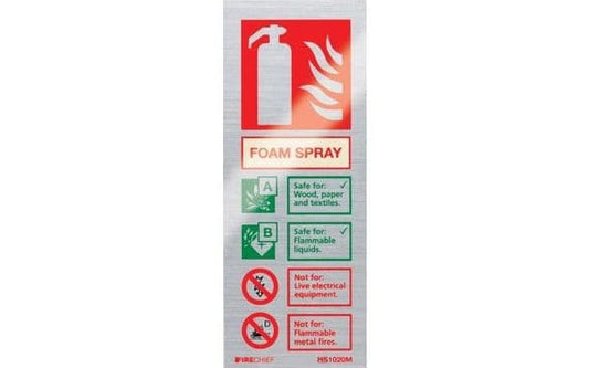 Portrait Brushed Aluminium 200 x 150mm Spray Foam Fire Extinguisher Sign FireChief